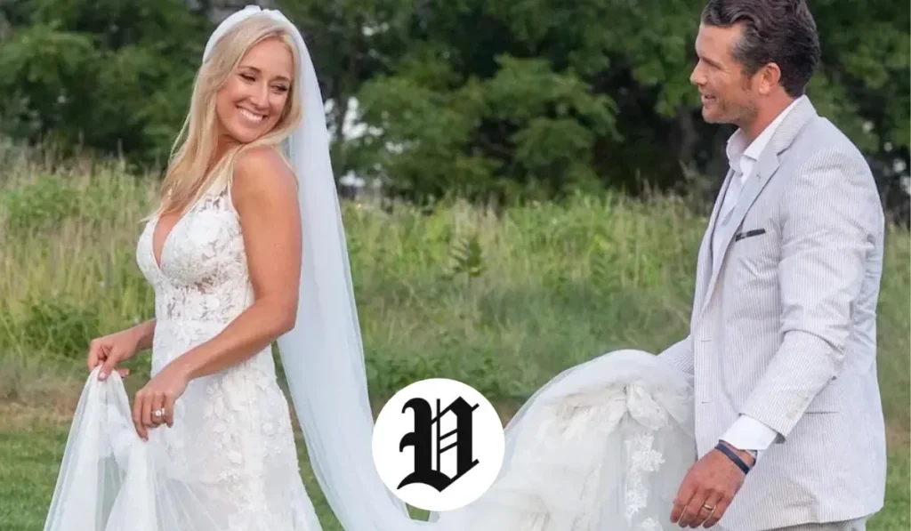 Pete Hegseth walking with his wife during their wedding photoshoot outdoors.