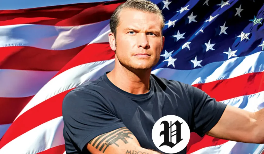Pete Hegseth posing confidently in front of an American flag background.