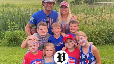 Pete Hegseth Children posing with Pete Hegseth and his wife during a festive outdoor family celebration.