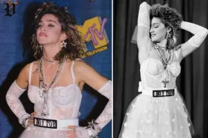“Woman wearing a signature 80s lace dress, layered necklaces, gloves, and bold accessories, recreating an iconic 80s fashion moment.”