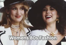 “Womens 80s fashion wearing wide-brim hats, layered pearl necklaces, and matching blazers.”