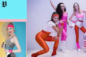 “Women dressed in 80s workout fashion with bright spandex, leg warmers, headbands, and vibrant aerobics outfits.”