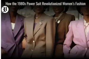 “Women wearing colorful 1980s-style power suits with sharp shoulders, tailored cuts, and bold fashion statements.”