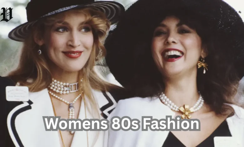 “Womens 80s fashion wearing wide-brim hats, layered pearl necklaces, and matching blazers.”