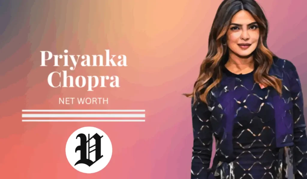 Priyanka Chopra net worth graphic with styled portrait on gradient background
