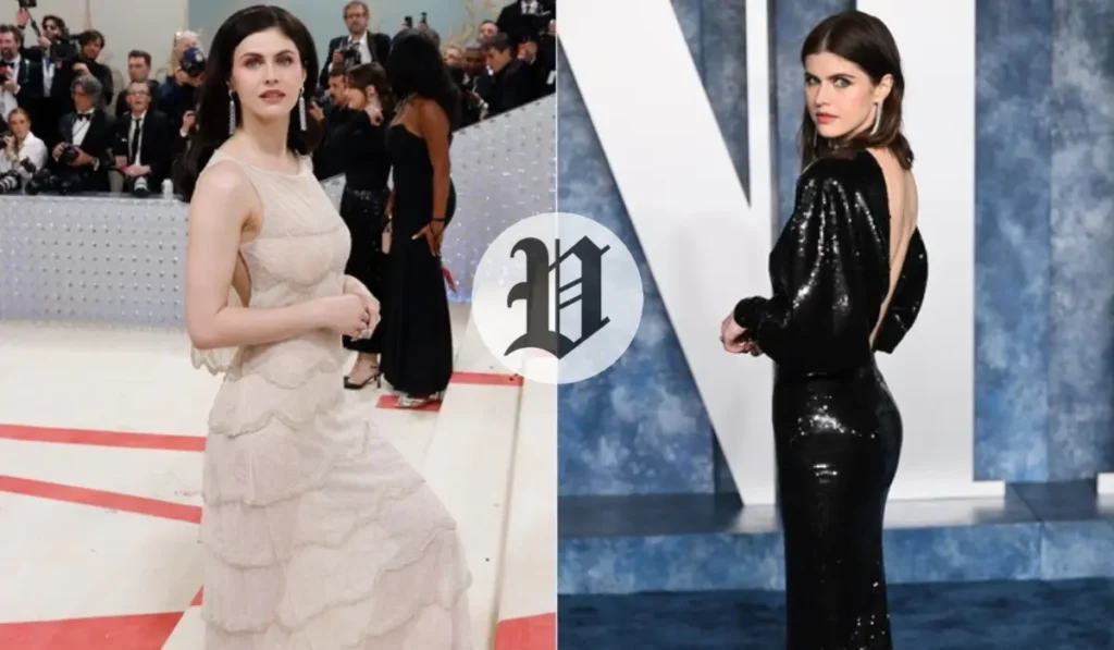 “Alexandra Daddario in two outfits: a cream-tiered gown at a gala event on the left, and a black sequined backless dress at a different event on the right.”